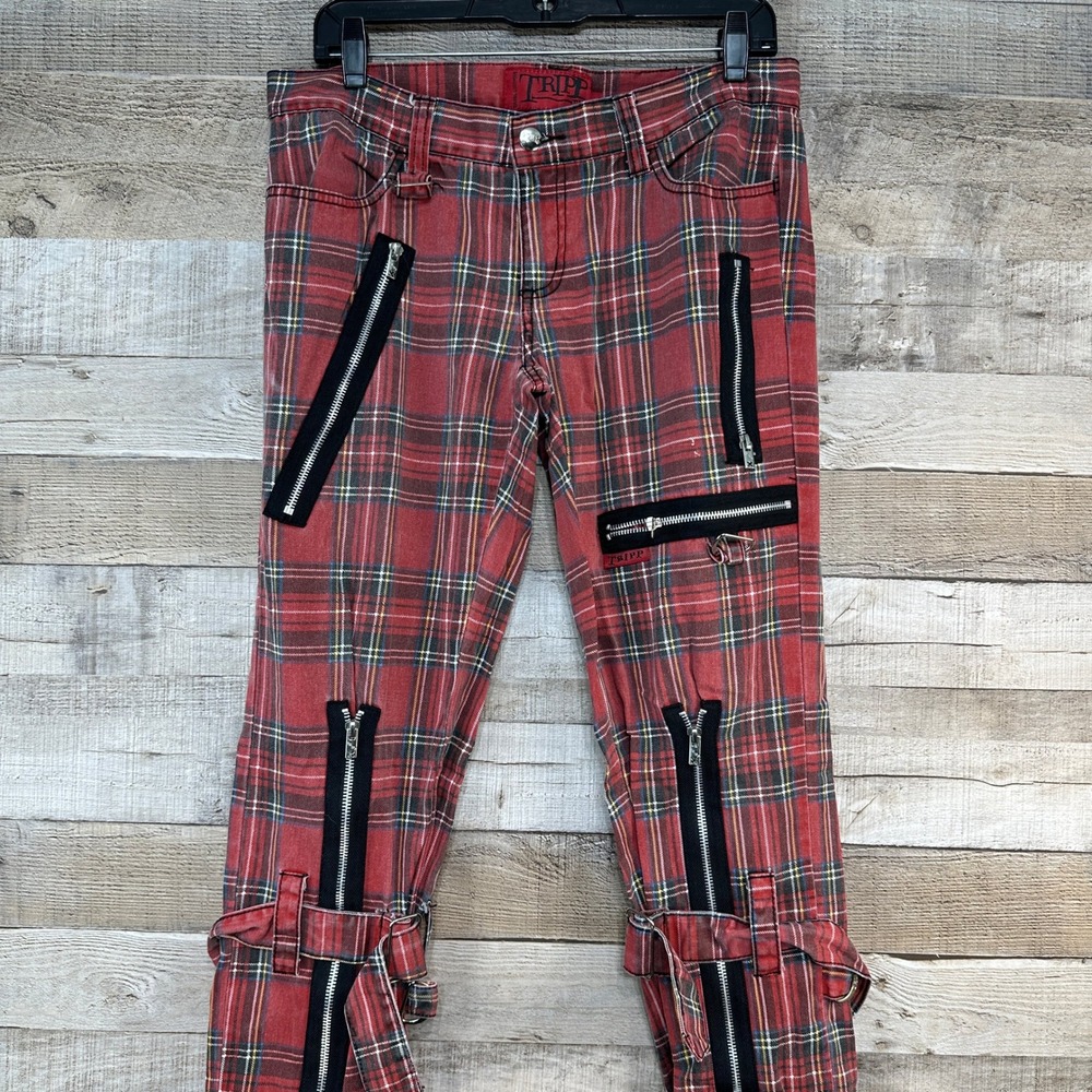Tripp NYC Womens‎ Red Plaid Punk Zippers Buckle Straps Skinny Pants Size 9